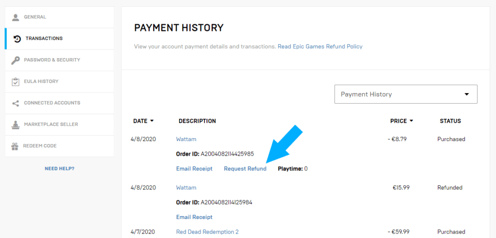 Epic Games Store - Payment History
