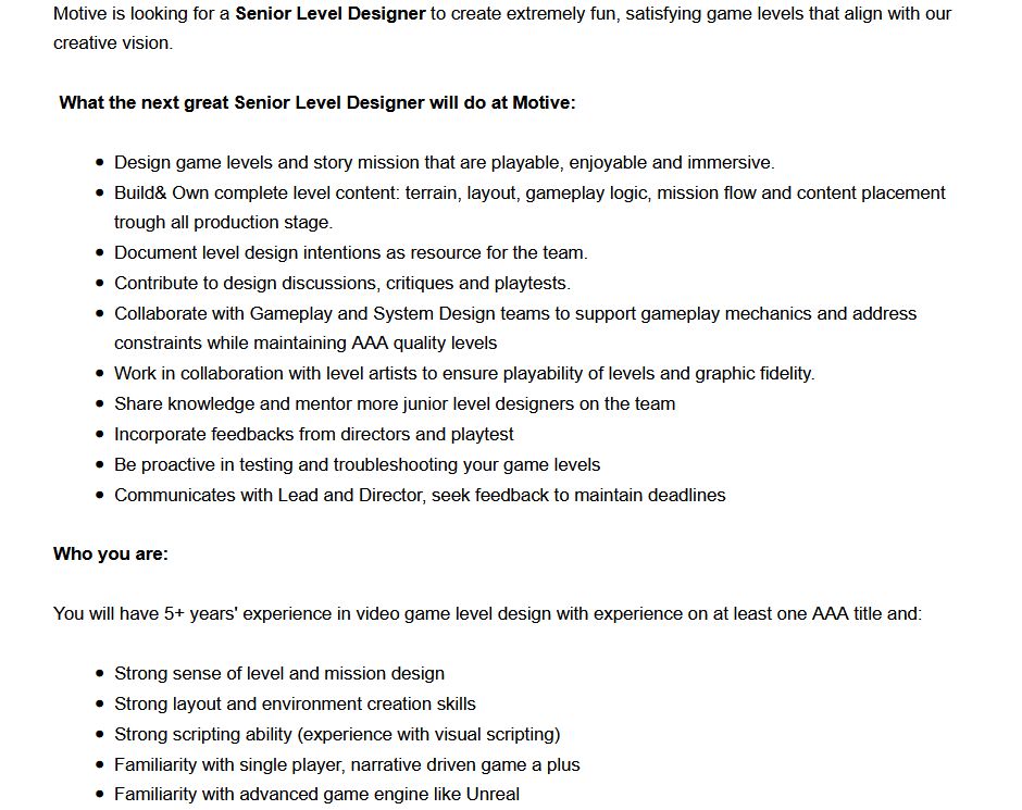 EA Iron Man Senior level designer listing