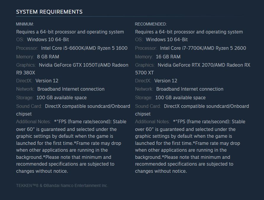 Tekken 8 PC Requirements