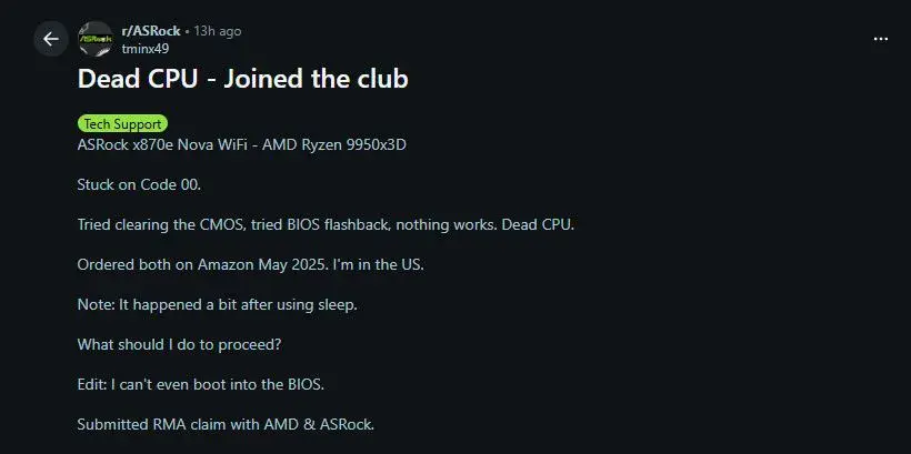 ASRock Ryzen 9950X3D dead