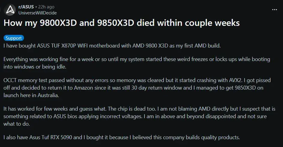 AMD Ryzen 7 9850X3D poruchy